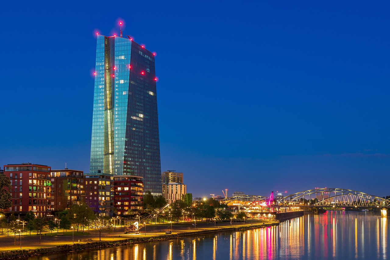 frankfurt, main, river, city, european central bank, bridge, travel, tourism, buildings